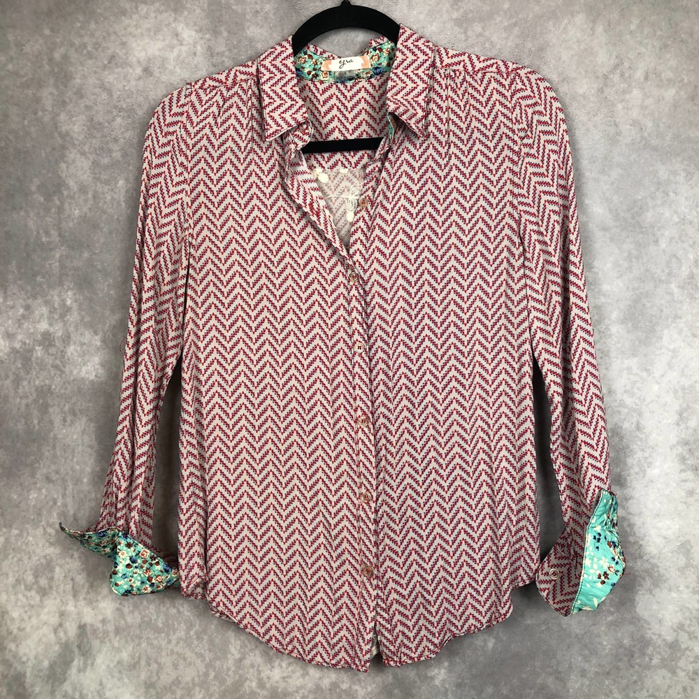 Ezra Top Shirt‎ Boho Multicolor Button Up Roll Tab Sleeve Dot Floral Print Small